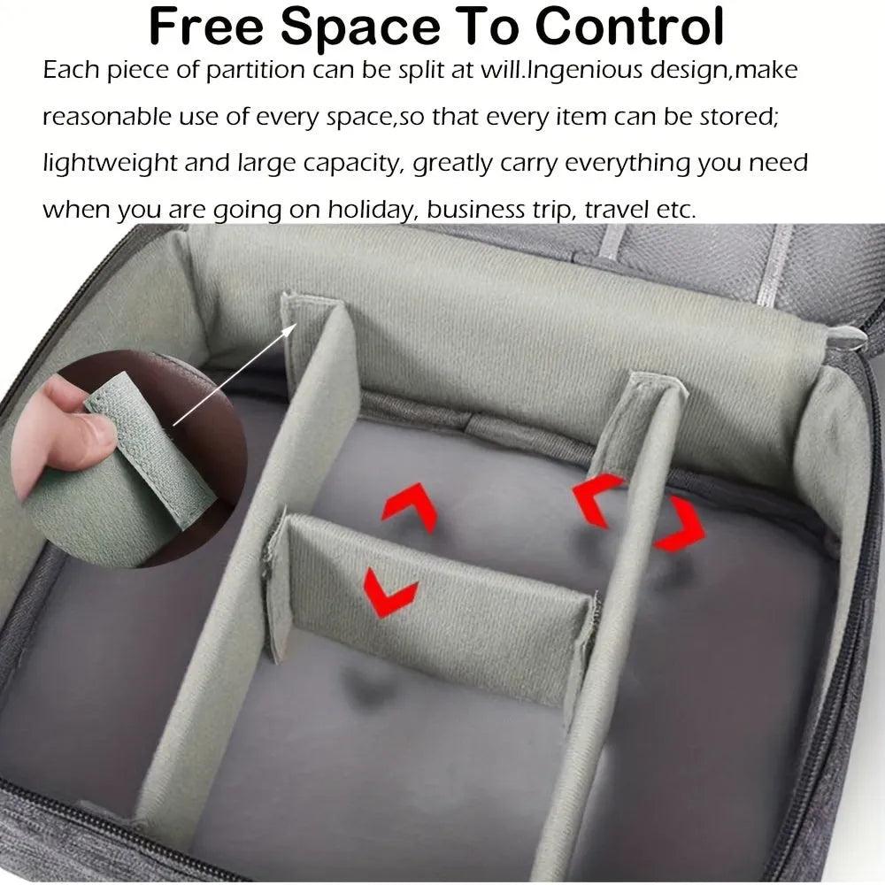 Black waterproof electronics organiser bag open to show removable dividers and mesh pockets for cables.