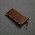 Genuine leather zipper wallet in dark brown Crazy Horse finish, top layer cowhide lining, 18 cm length