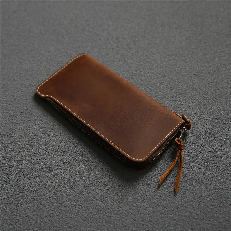 Genuine leather zipper wallet in dark brown Crazy Horse finish, top layer cowhide lining, 18 cm length
