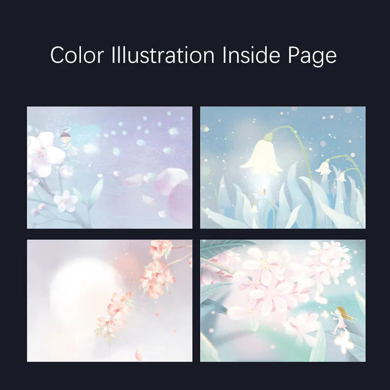 A5 notebook with luminous cover open to show internal colour illustrations, in Deep Blue, Gold, Light Blue, and Purple options