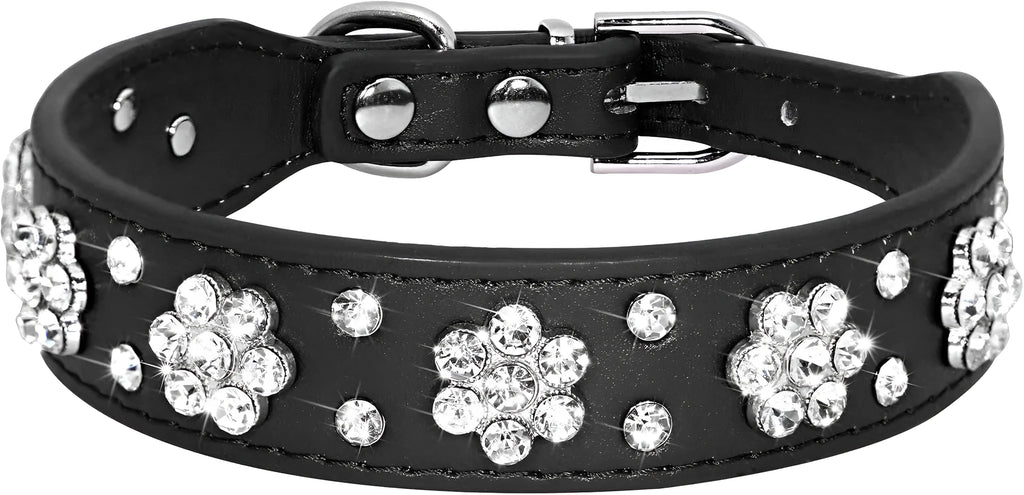 PU leather dog collar with rhinestone flower patterns and metal studs in adjustable sizes