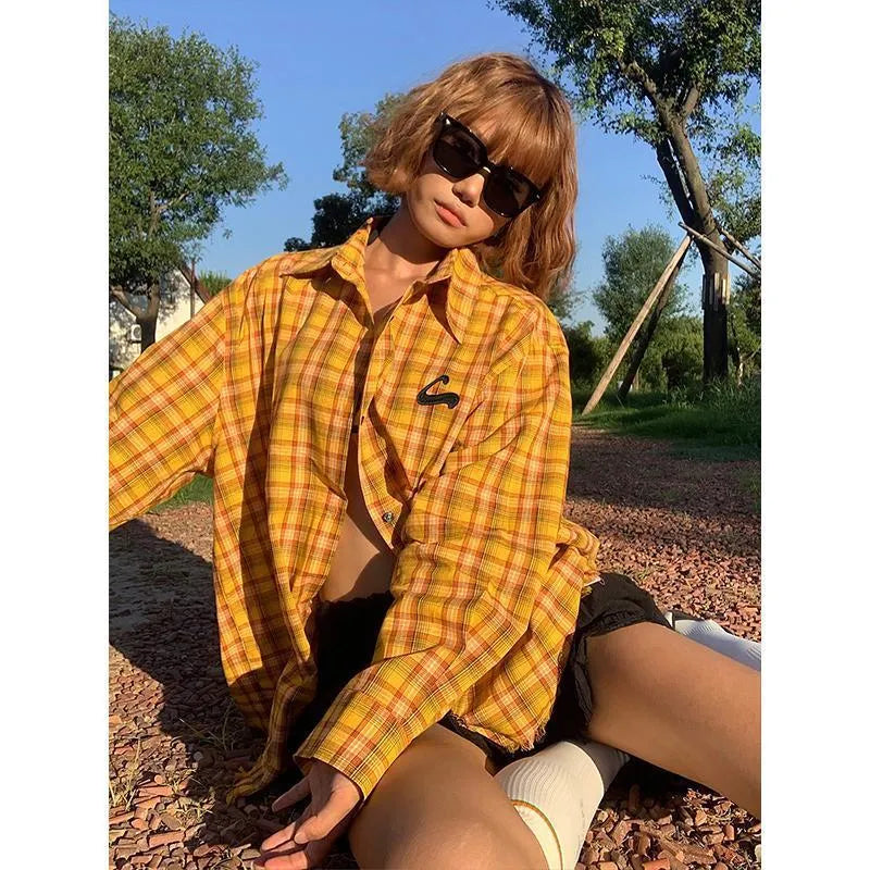 Dopamine yellow plaid shirt with original American design in loose fit cardigan style