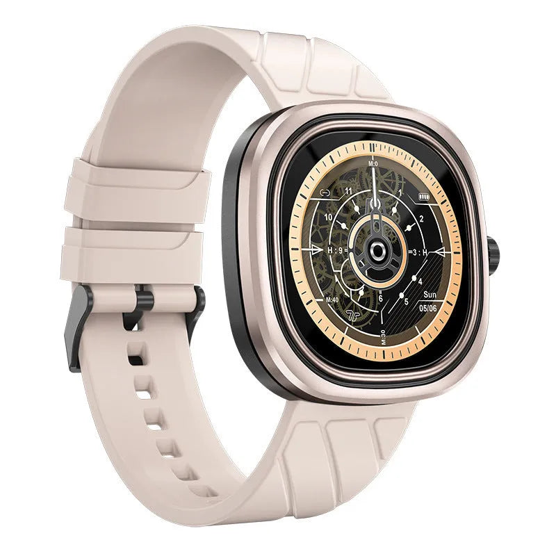 Square pink smartwatch with silicone band showing 1.32-inch screen with fitness tracking display