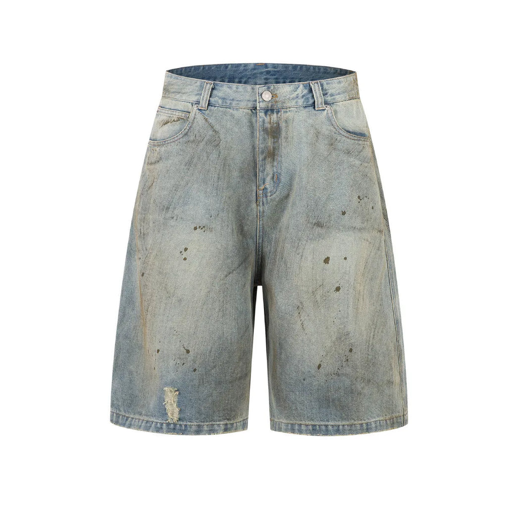 Men's washed blue cropped denim jeans with straight leg and zipper fly in Asian sizing