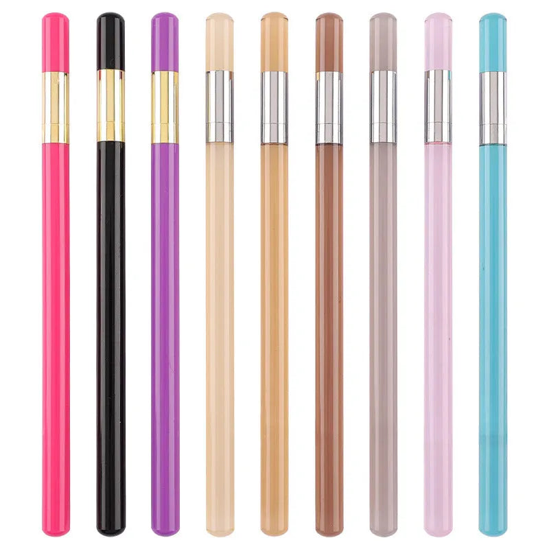Transparent acrylic eternal mechanical pencil with visible alloy nib and a selection of coloured HB graphite refills.