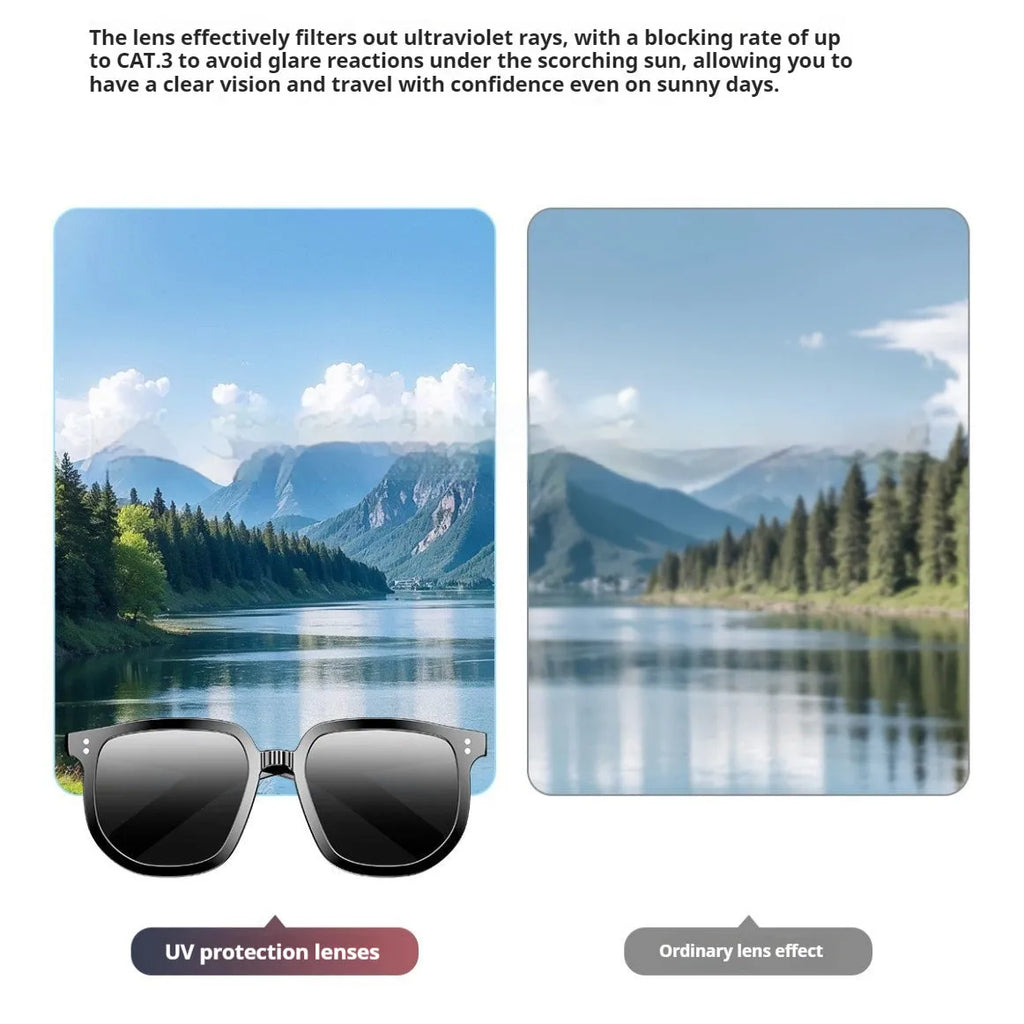 Black AI smart glasses with Bluetooth audio and touch controls featuring sunglass lenses