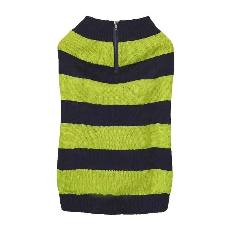 Grey knitted dog sweater on a small dog, showing a contrasting green horizontal zipper and a button chest pocket.