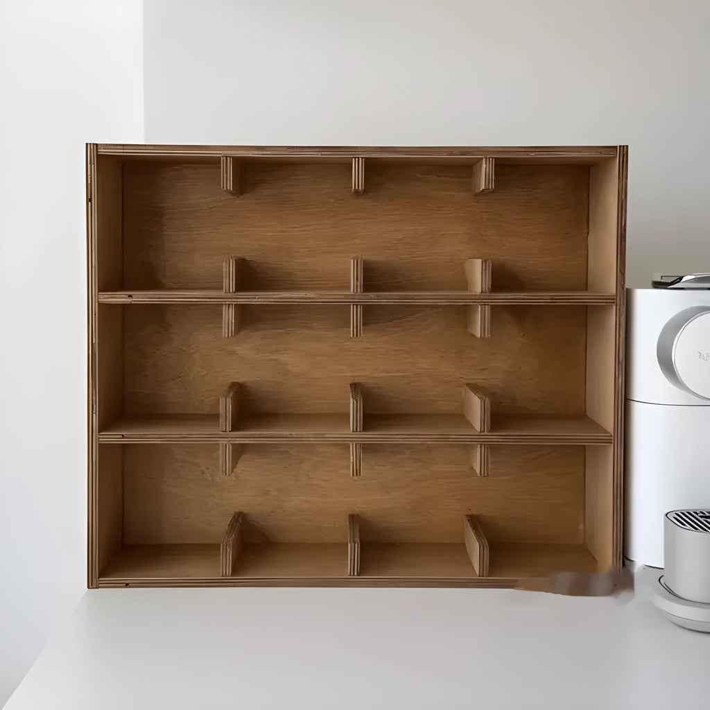 Square solid wood cup storage rack with multiple grid compartments in birch meridian colour finish