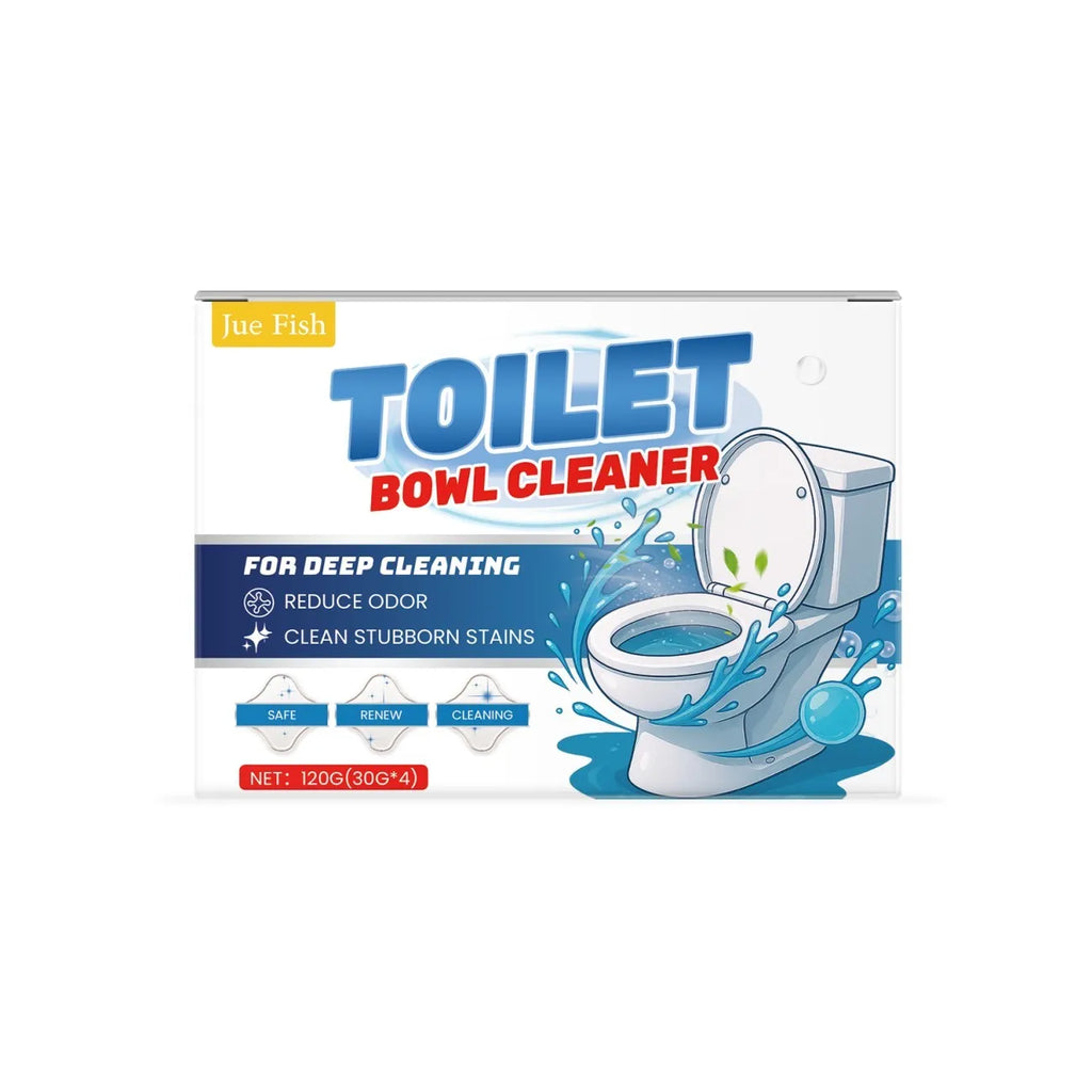 Four sachets of toilet cleaning powder for stains and odour, total 120g, on a bathroom background.