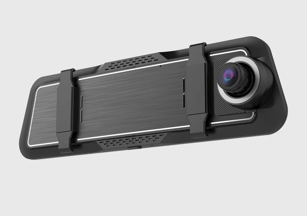 Black dual-lens car dash cam with a large touchscreen mounted on a rearview mirror