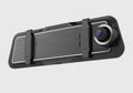 Black dual-lens car dash cam with a large touchscreen mounted on a rearview mirror