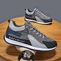 Men's grey and green mesh low-top lace-up running shoes on a white background.