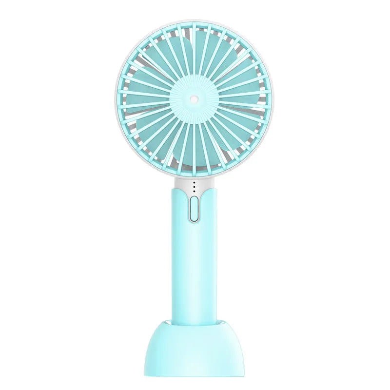 Blue USB-powered mini desktop fan with three-speed control
