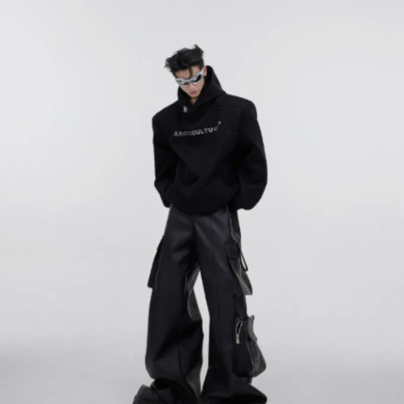 Men's black hooded sweater with three-dimensional printing and structured shoulder pads