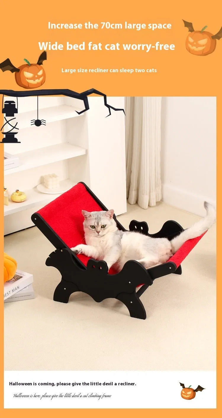 Wooden cat recliner lounge chair with black and red Halloween colour scheme