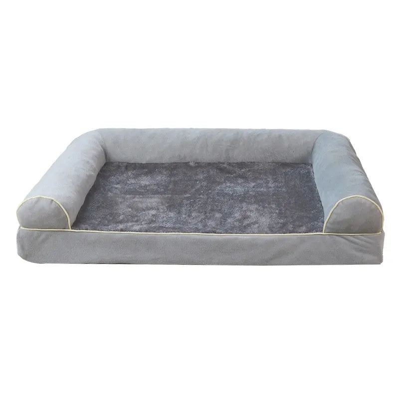 Square cloth-covered sponge dog bed in beige colour, shown in a medium size.