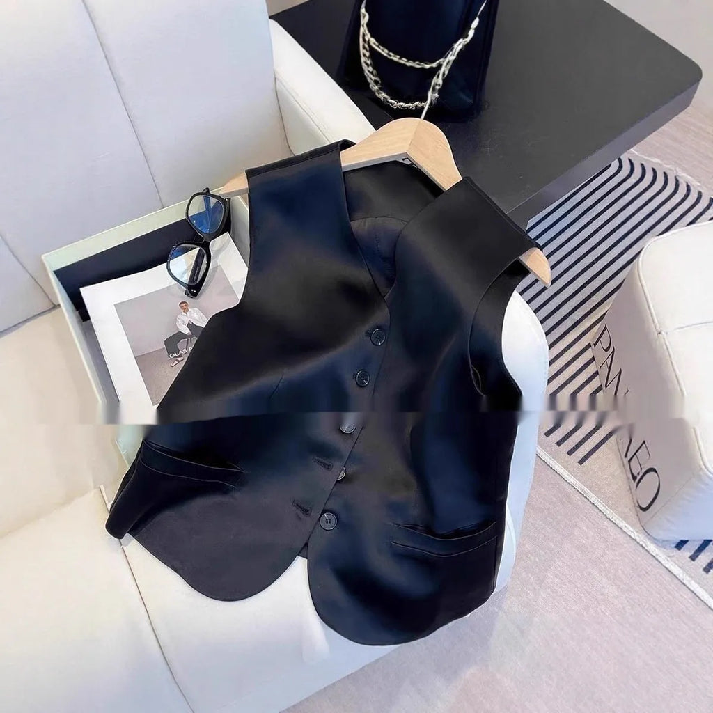 Black satin women's sleeveless vest on a hanger, showing loose fit and normal length.