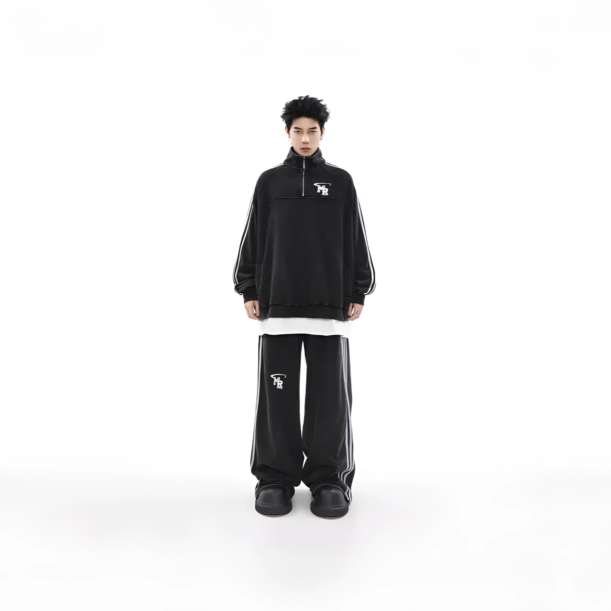 Black Hong Kong style retro sports sweatshirt with stand collar and long sleeves