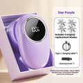 Beige and purple rechargeable pet hair trimmer with digital display and replacement cutter heads on a table.