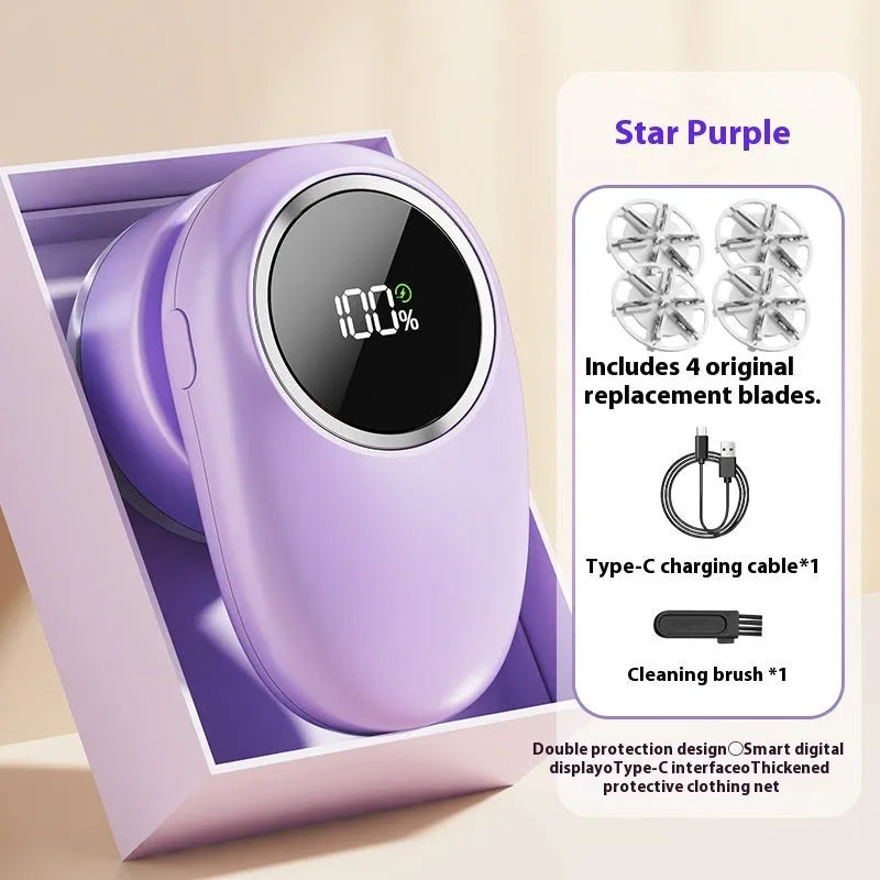 Beige and purple rechargeable pet hair trimmer with digital display and replacement cutter heads on a table.