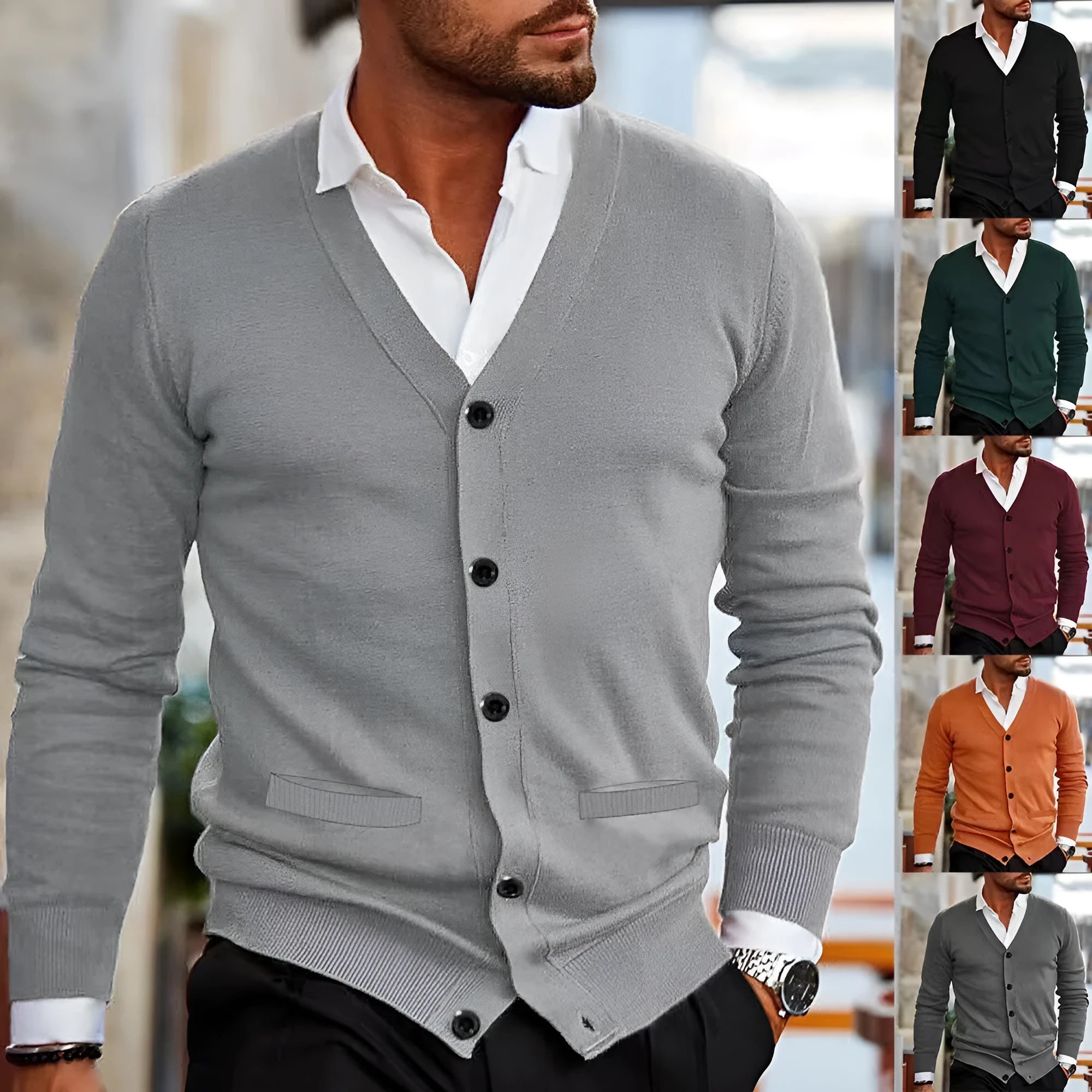Men's slim fit acrylic cardigan sweater in autumn colours with long sleeves