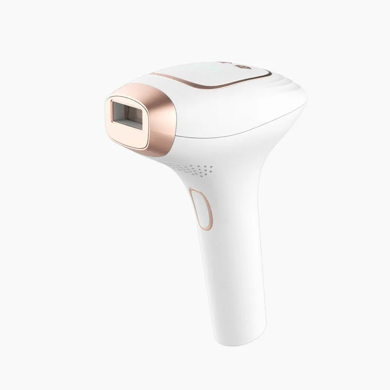 Pink and white three-in-one laser hair removal device with ice-sensing technology and accessories
