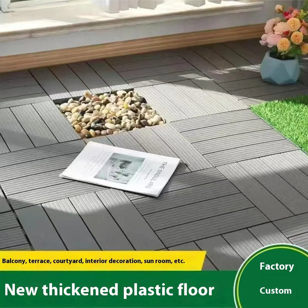 Plastic interlocking floor tiles in wood grain pattern showing 300x300mm dimensions and non-slip surface texture