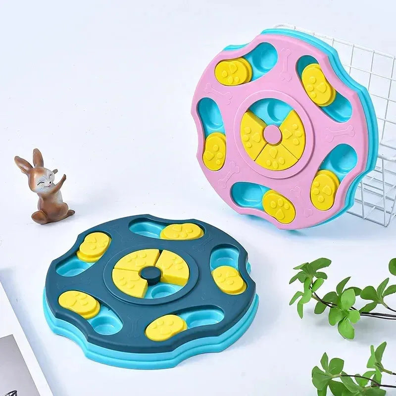 Blue dog puzzle toy food feeder bowl with interactive game elements for aggressive chewers