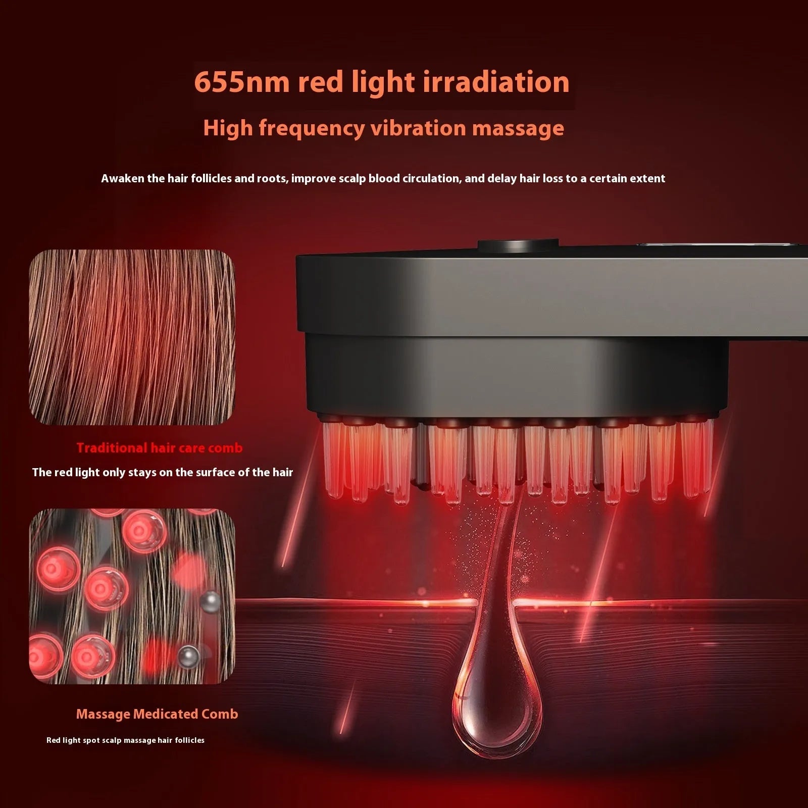 Smart massage comb with red light therapy technology in pink and black colour options