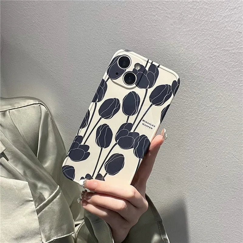 Black tulip patterned silicone phone case for Apple iPhone models on white background