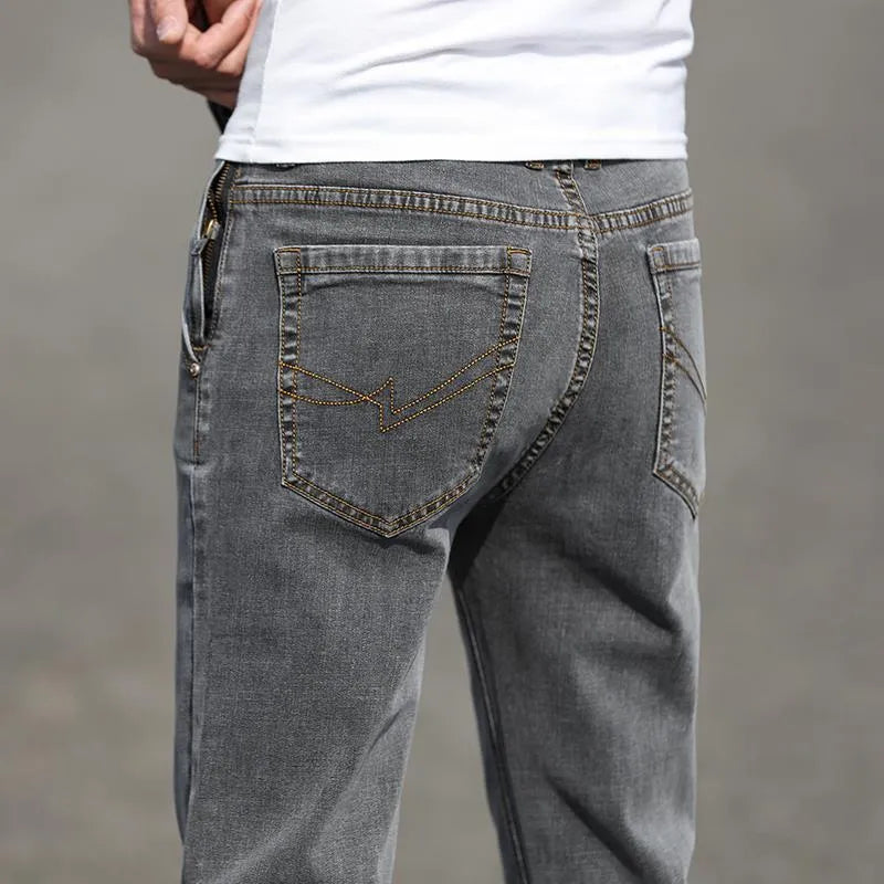 Men's smoky grey straight fit jeans with rabbit fur fabric and zipper fly front