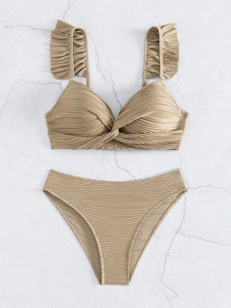 Solid colour women's bikini swimsuit set on a hanger, shown in black and khaki colour options.