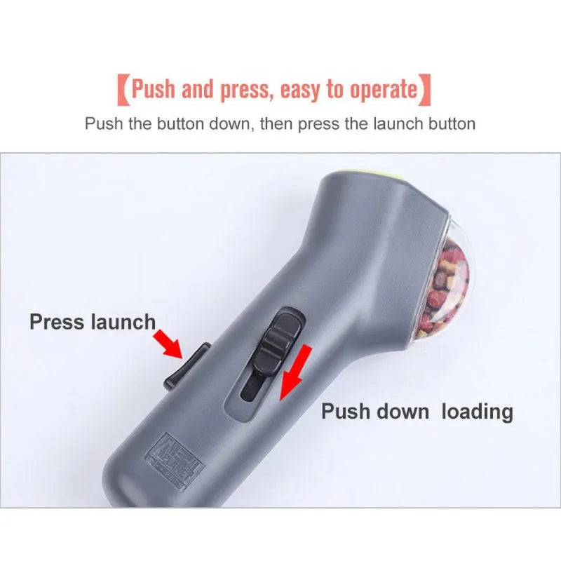 Grey dog interactive training toy with snack catapult launcher measuring 18cm