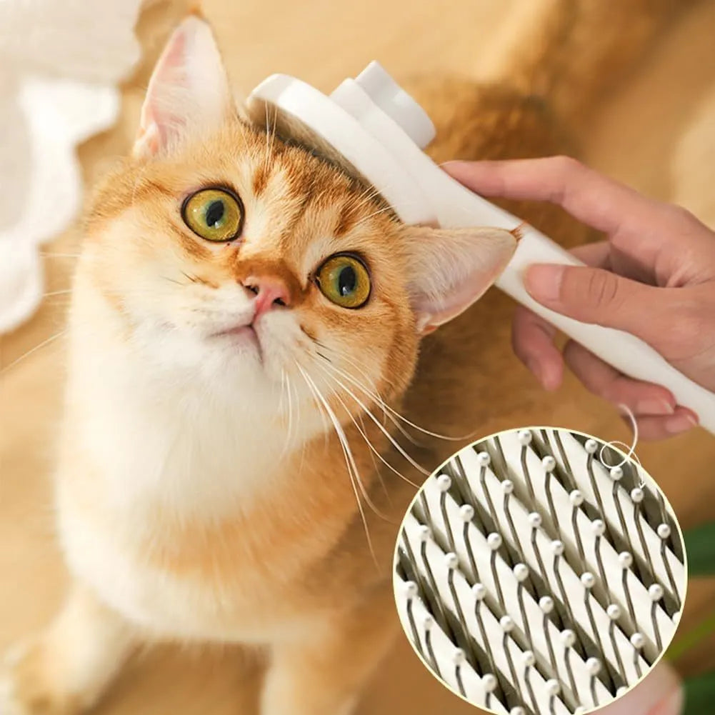Blue self-cleaning cat grooming brush with rubber handle and metal pins, shown removing fur.