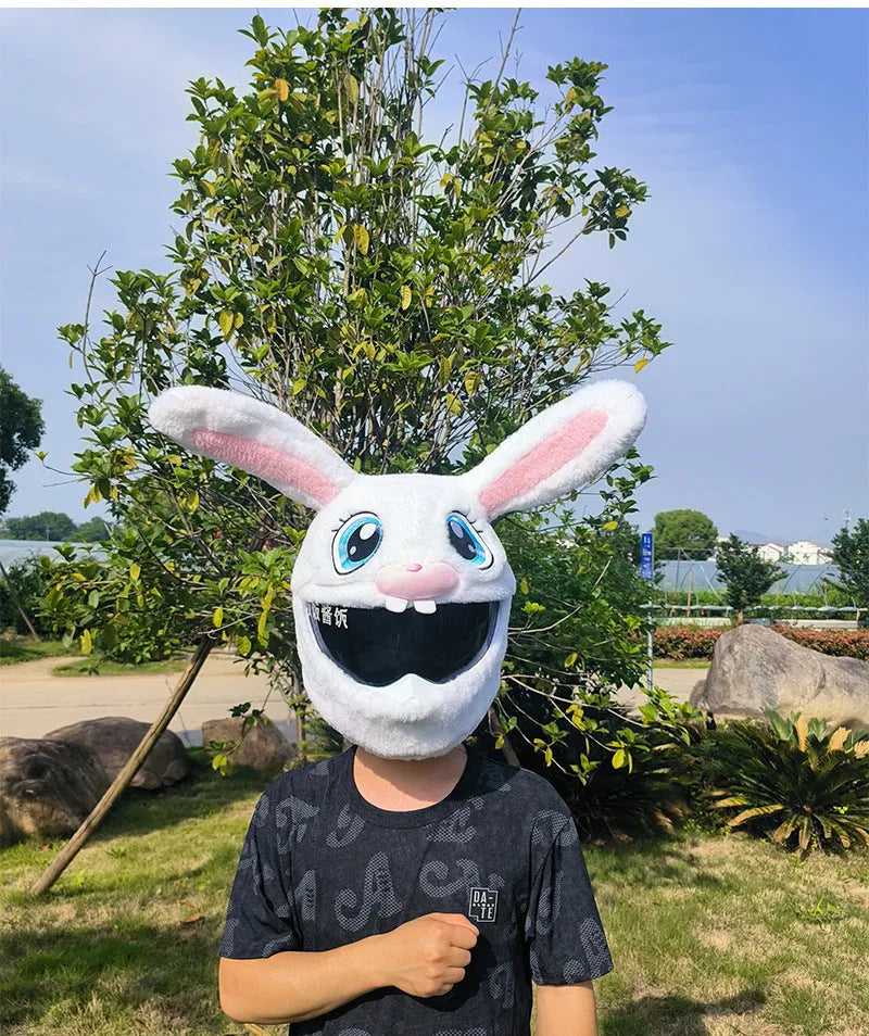 White rabbit head plush cover for motorcycle helmet with long ears.