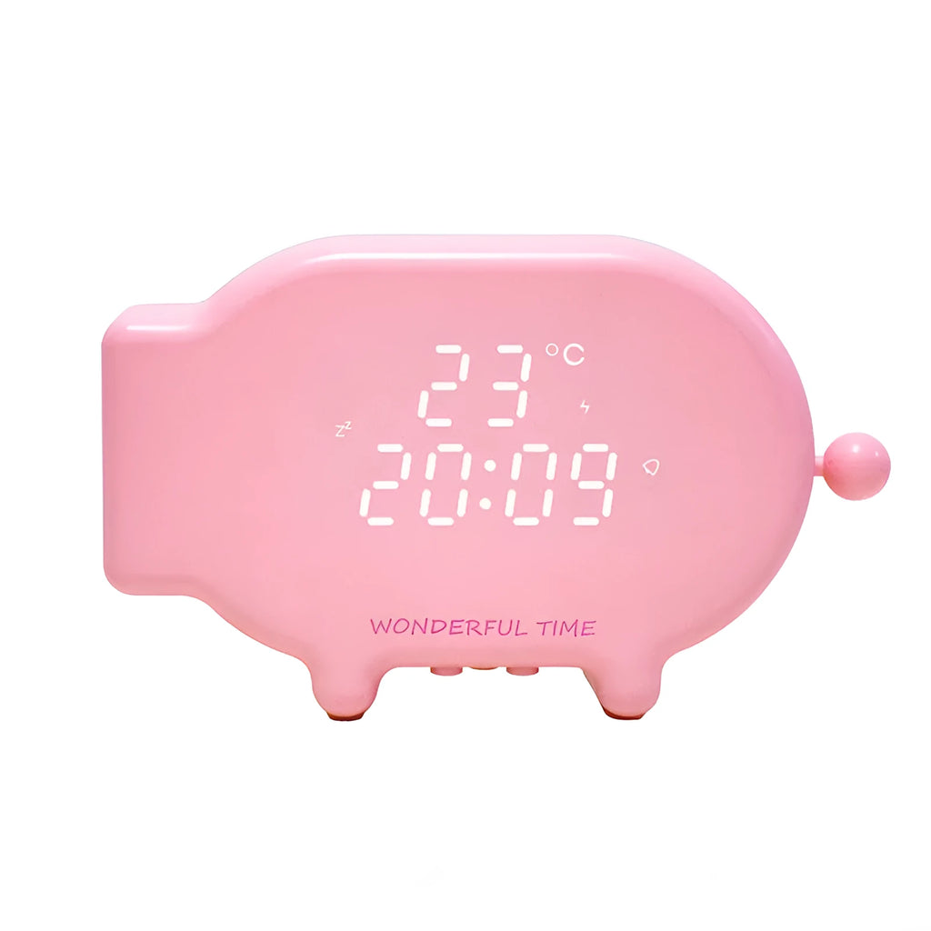 Blue multifunctional LED alarm clock showing time and temperature display with USB charging port