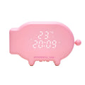 Blue multifunctional LED alarm clock showing time and temperature display with USB charging port