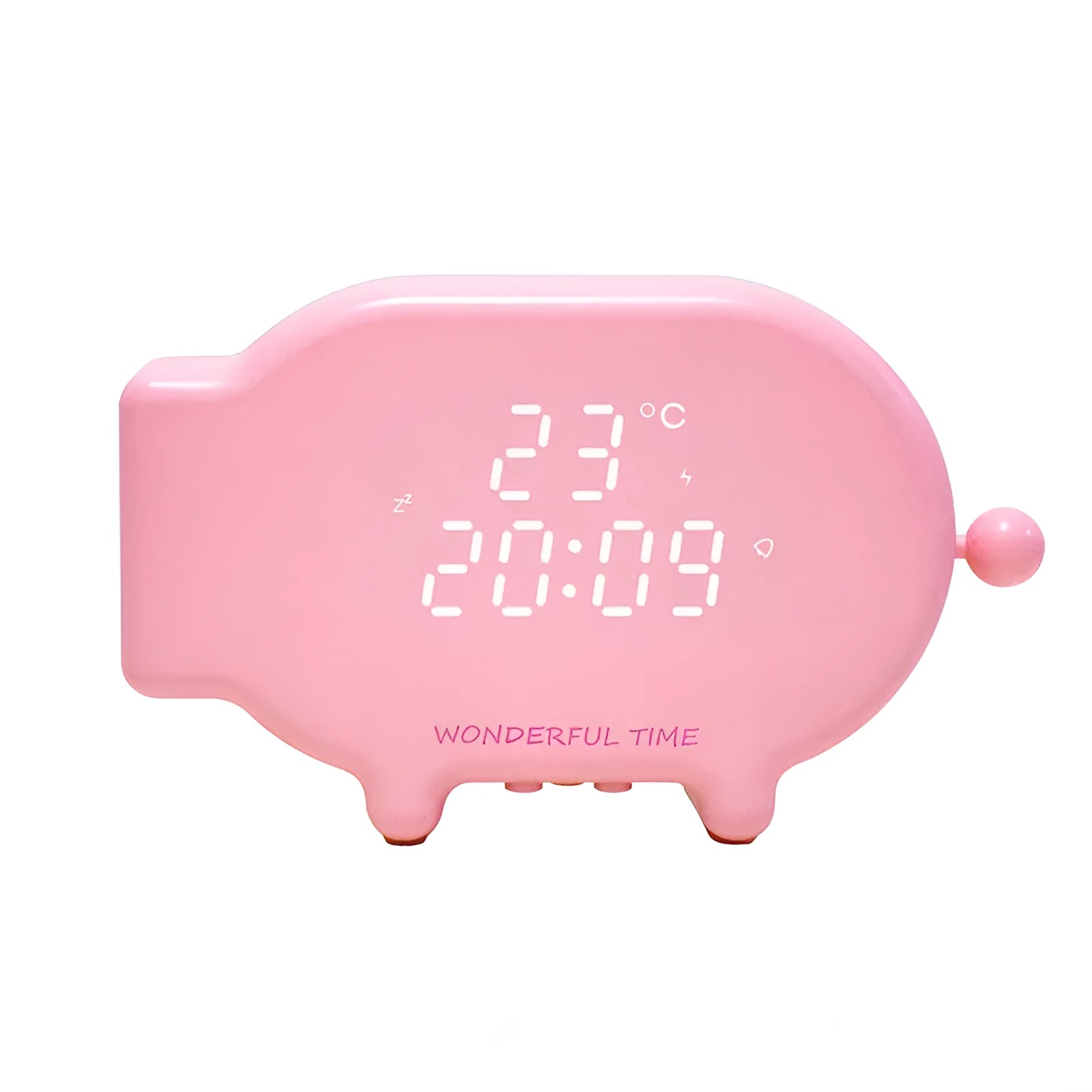 Blue multifunctional LED alarm clock showing time and temperature display with USB charging port
