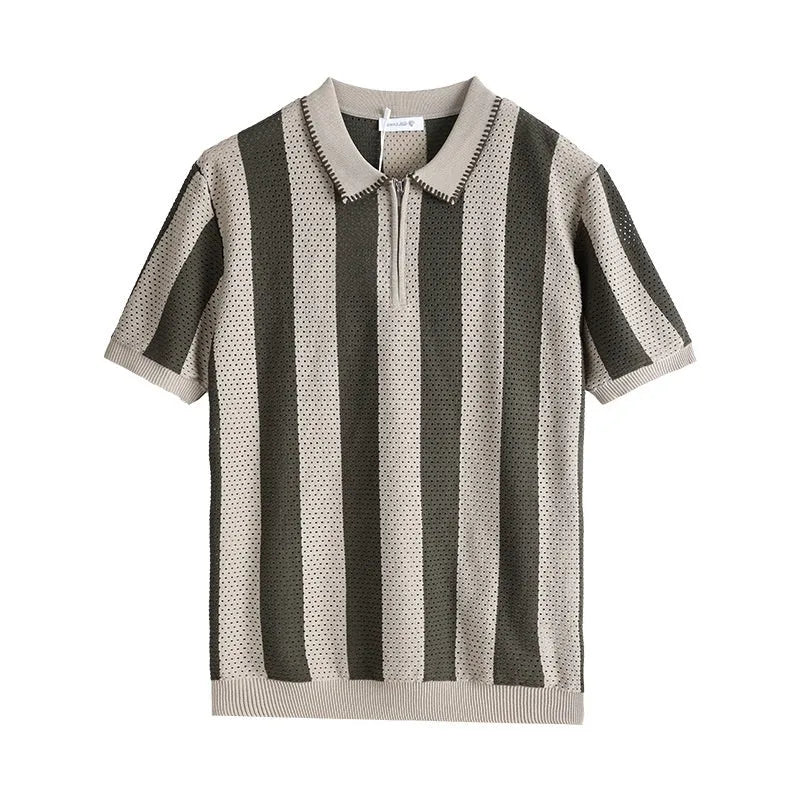 Man wearing striped ice silk short sleeve sweater with zipper decoration in sapphire blue