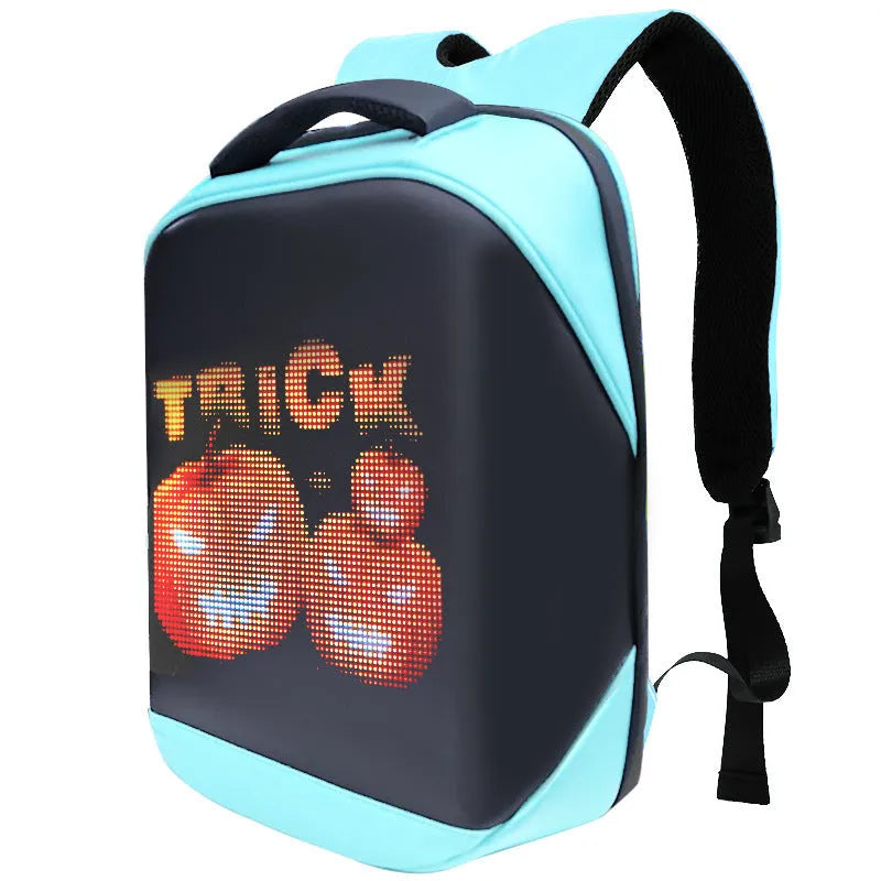 Waterproof PU leather led backpack in black with curved shoulder strap and cartoon animation pattern