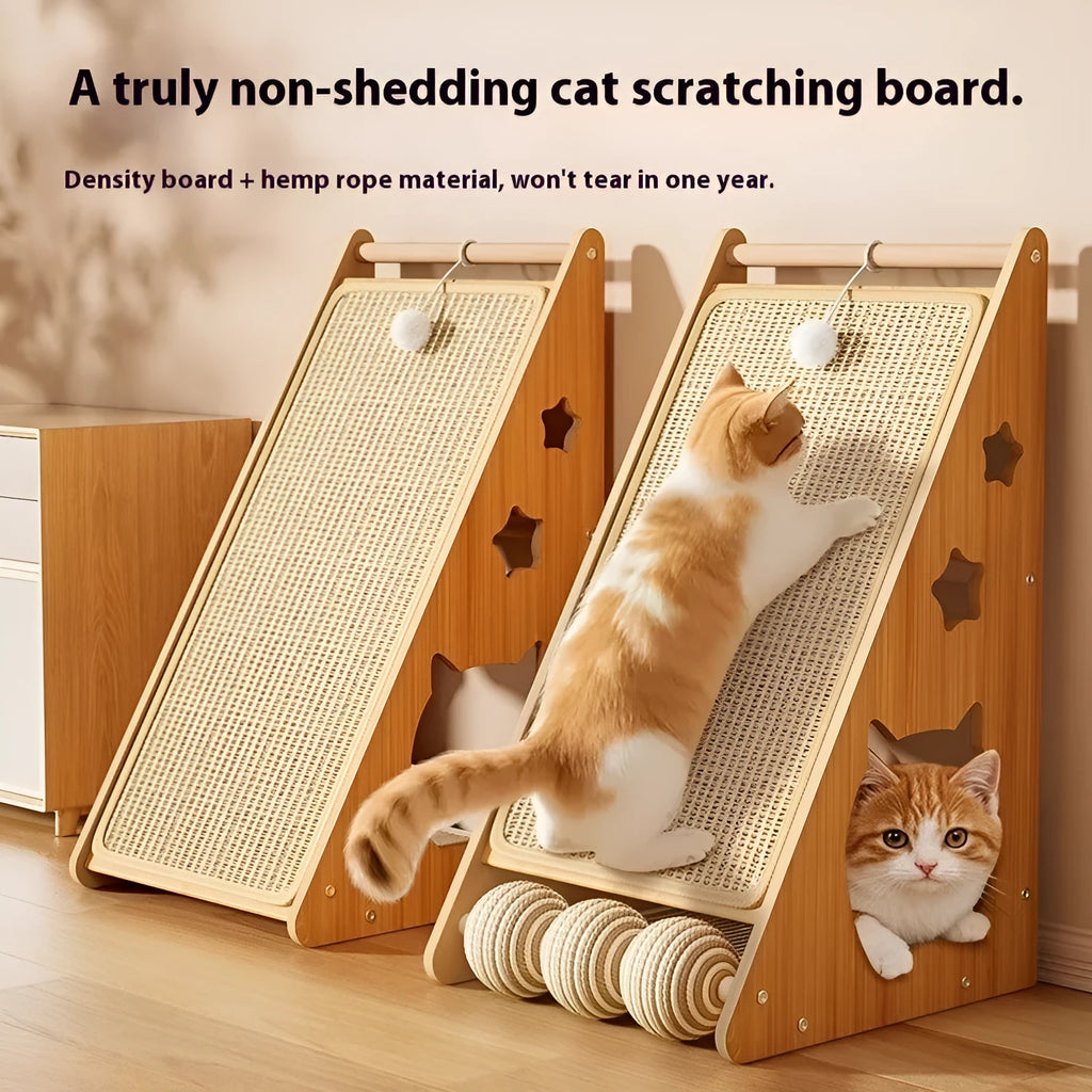 Vertical wall-mounted cat scratching board with sisal surface, hemp rope elements, and attached teasing ball