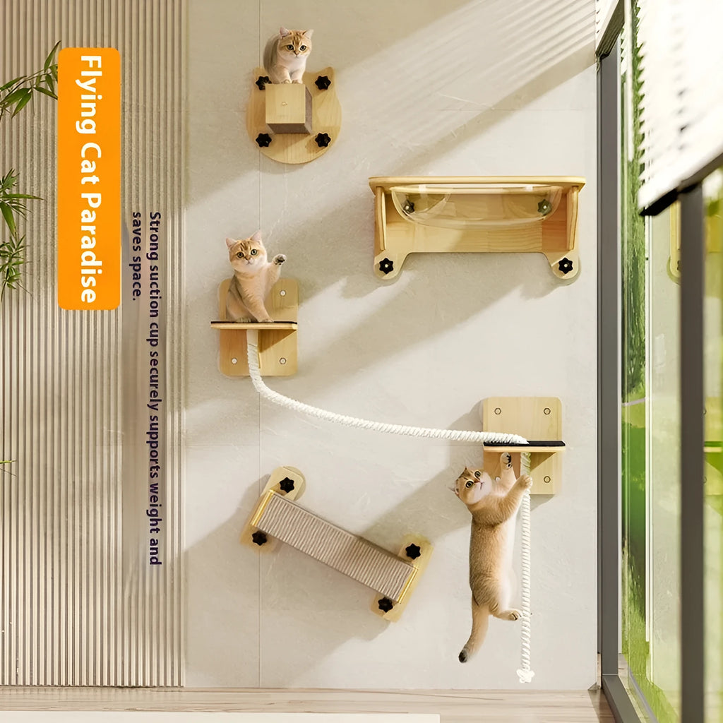 Sucker-mounted space capsule cat scratching chamfer with sisal post on a window