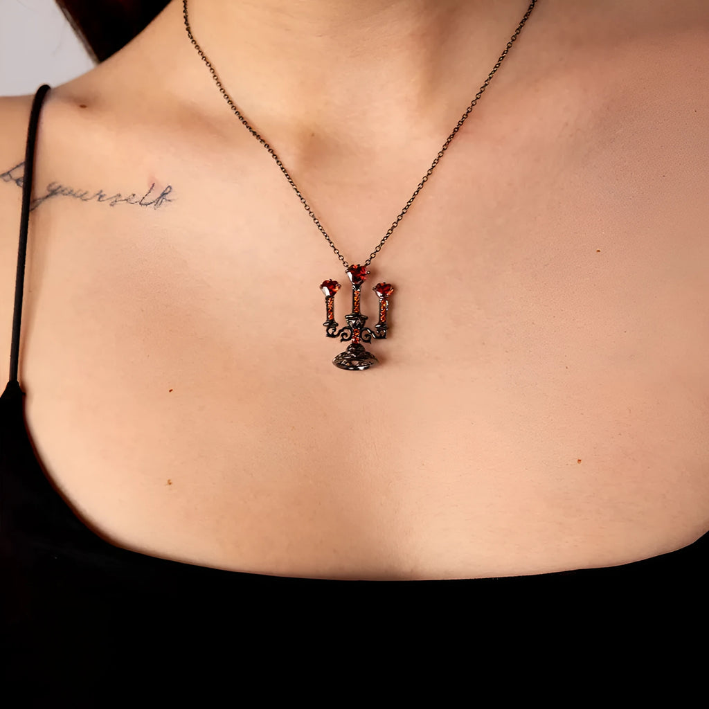 Gothic women's necklace with hollow candlestick pendant on cross chain, zinc alloy with diamond finish