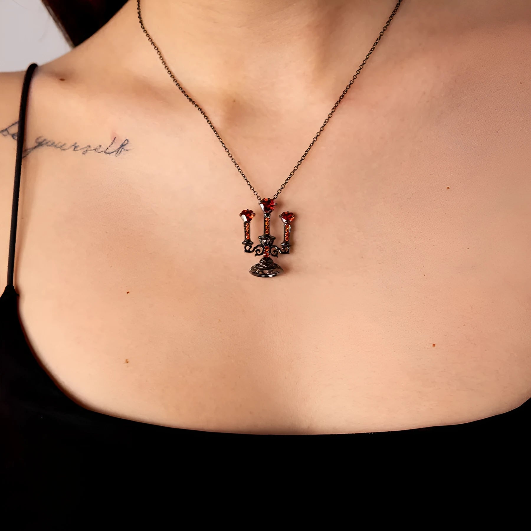Gothic women's necklace with hollow candlestick pendant on cross chain, zinc alloy with diamond finish