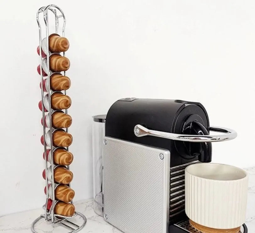 Modern wrought iron coffee capsule storage rack holding pods on display shelves