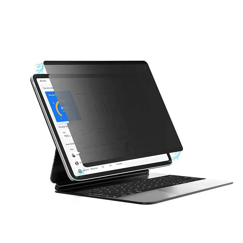 Magnetic iPad privacy screen protector with storage clip on an iPad Pro