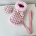 Pink polyester cat costume set with beret, cloak featuring hand holding rope, and drawstring