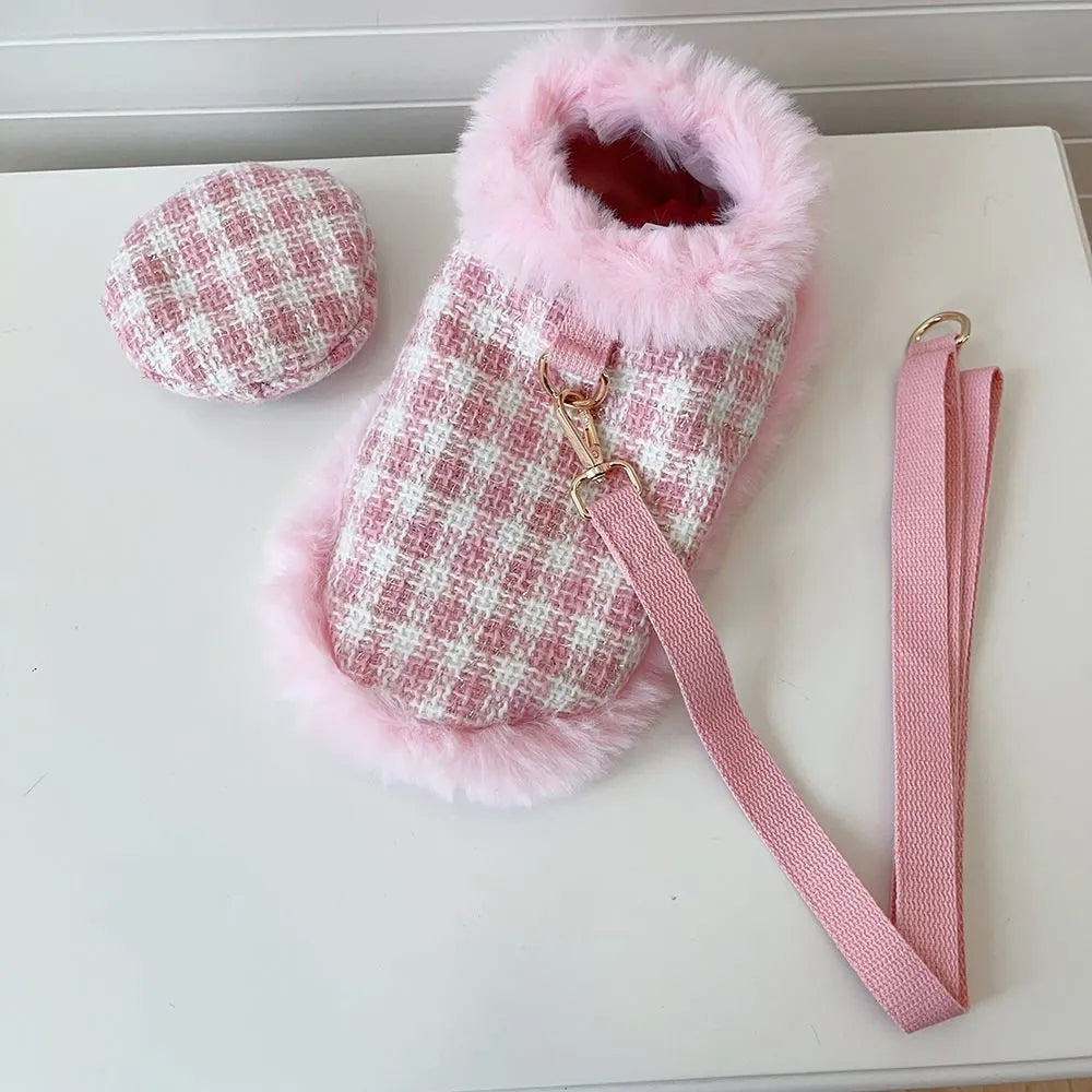 Pink polyester cat costume set with beret, cloak featuring hand holding rope, and drawstring