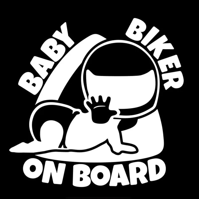 Reflective Baby On Board warning car sticker in black or white, measuring 14.5 by 15 centimetres.