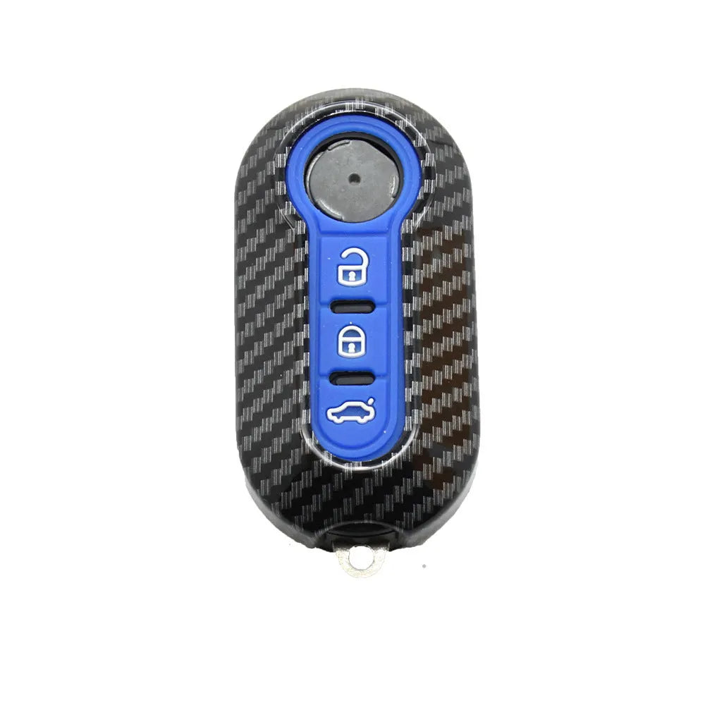 Fiat 500 car key replacement case in black, red, and dark blue colours showing carbon fibre pattern